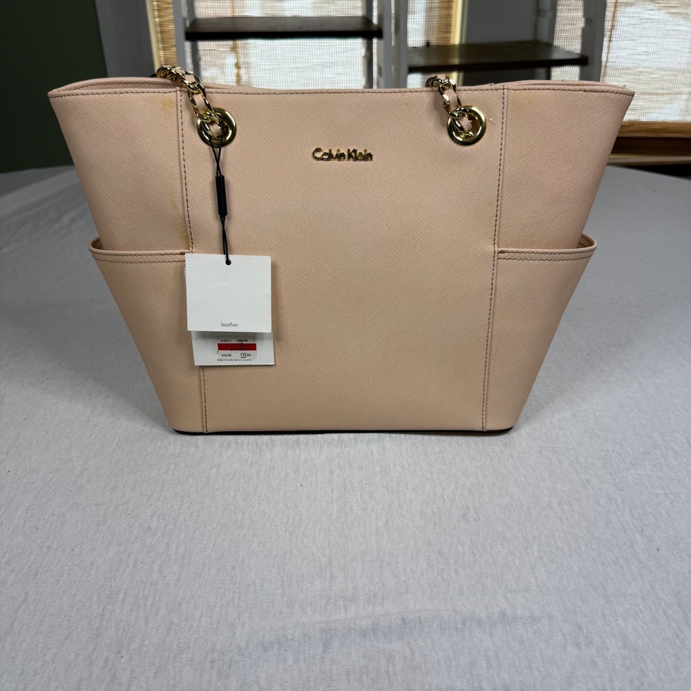 Calvin‎ Klein Tote Bag Blush Pink Saffiano Leather Gold Chain Accents NWT